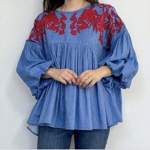 Anthropologie Hemant & Nandita Lianna Embroidered Blouse - Boho Folk Peasant - S